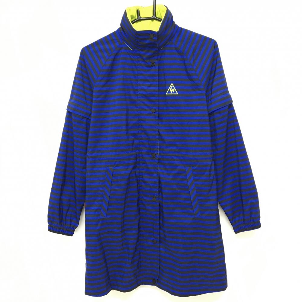 ルコック 2WAYロングジャケット ブルー×黒 ボーダー 袖着脱可 フード収納 メッシュ裏地 レディース M ゴルフウェア le coq sportif