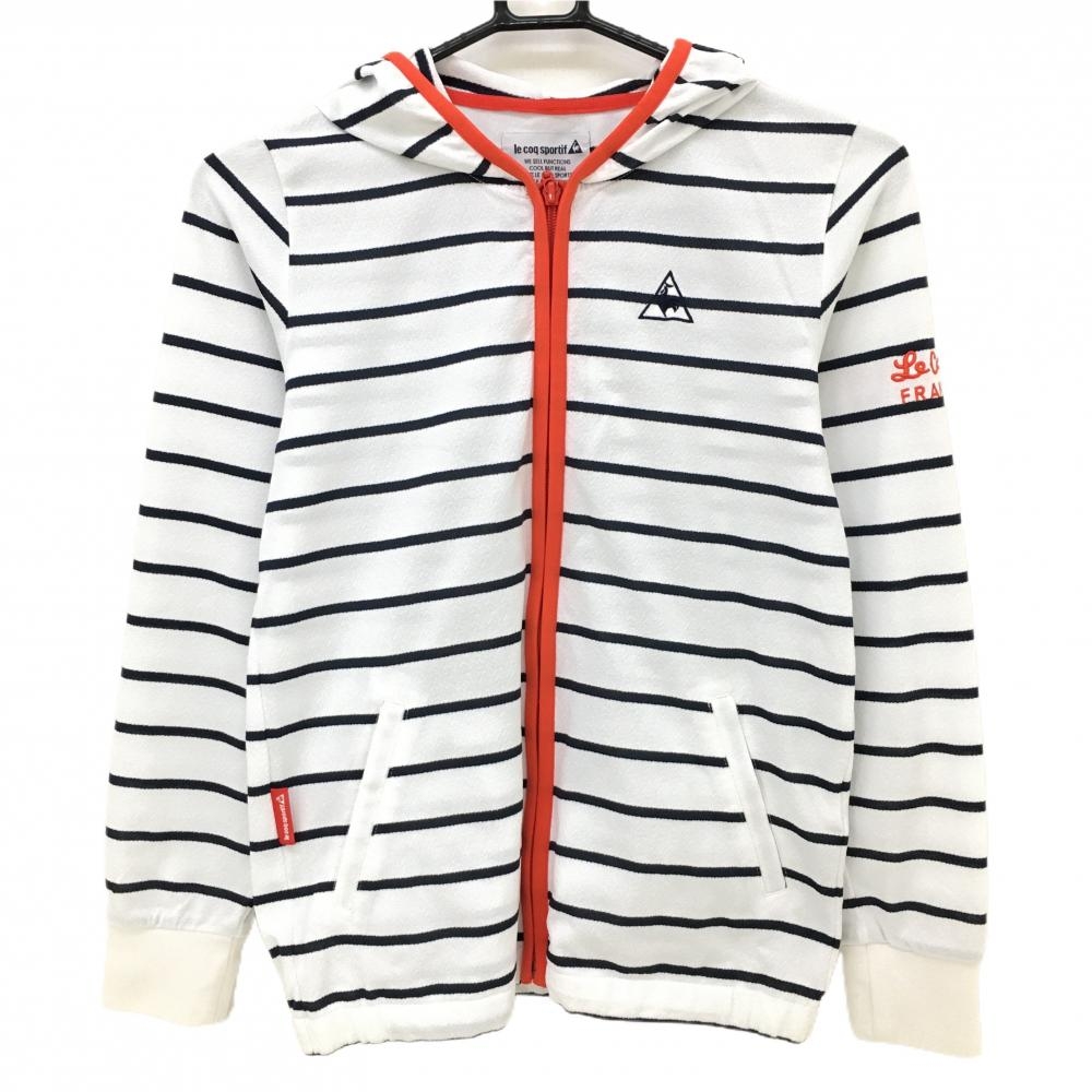 【美品】ルコック ジップパーカー 白×黒 ボーダー ロゴ刺しゅう 薄手 レディース S ゴルフウェア le coq sportif