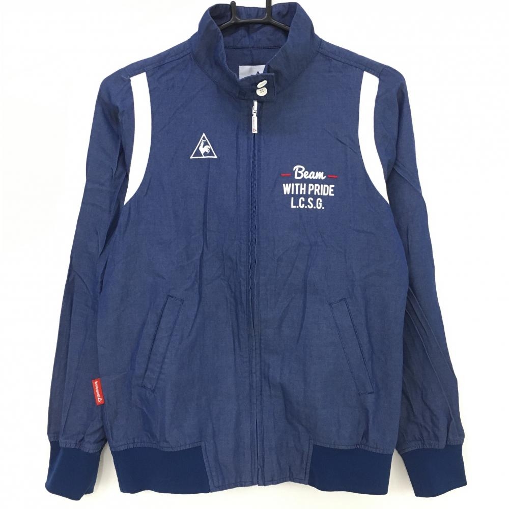 【超美品】ルコック ジャケットブルゾン ネイビー×白 薄手 デニム調 ロゴ刺しゅう レディース M ゴルフウェア le coq sportif