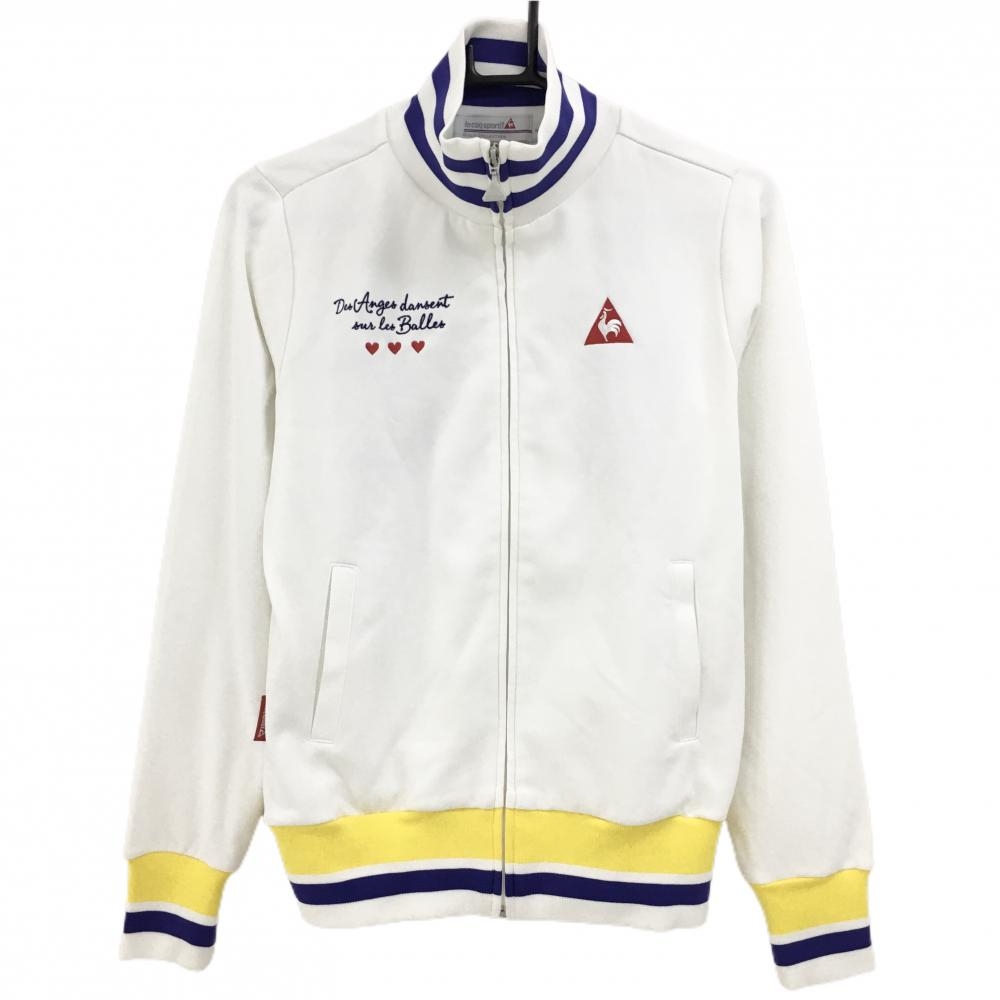 【美品】ルコックゴルフ ジャケットブルゾン 白×ネイビー系×イエロー リブライン　 レディース M ゴルフウェア le coq sportif