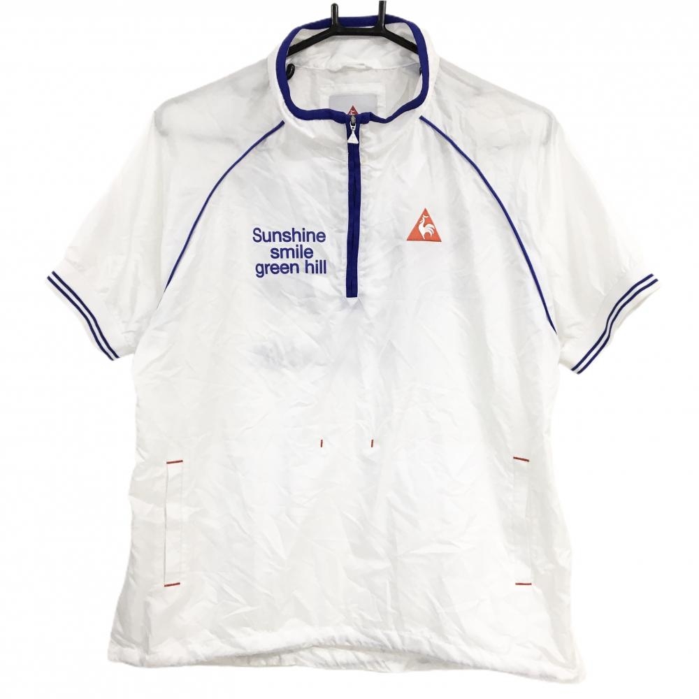 ルコックゴルフ 半袖ブルゾン 白×ブルー ハーフジップ 裾ジップ レディース LL ゴルフウェア le coq sportif