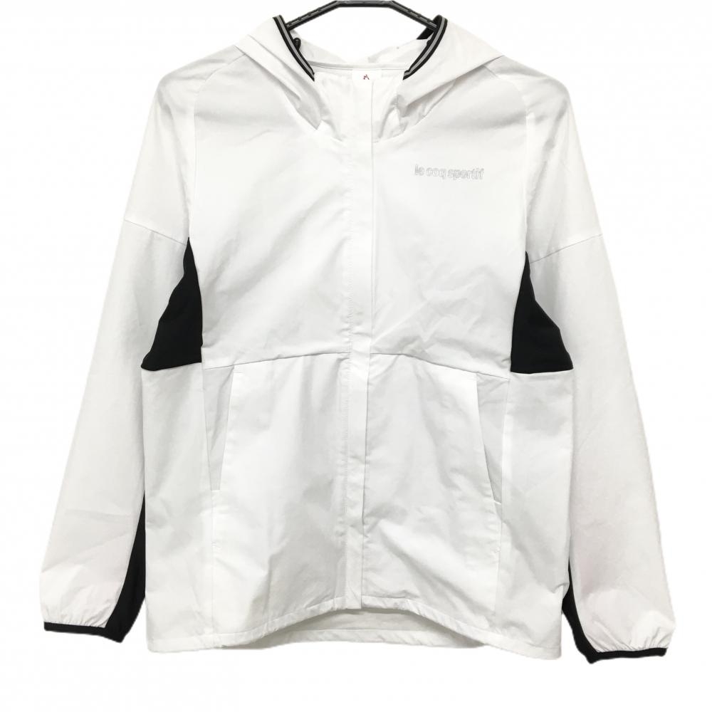 【超美品】ルコック フード付きジャケット 白×黒 ロゴプリント 裏地一部ピンク 薄手 パーカー  レディース O ゴルフウェア le coq sportif