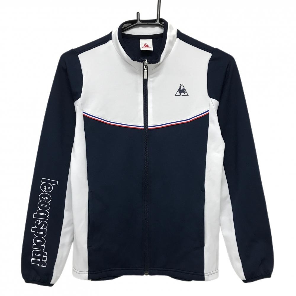 【美品】ルコック ジャケット ネイビー×白 胸元トリコロールライン ロゴプリント レディース S ゴルフウェア le coq sportif