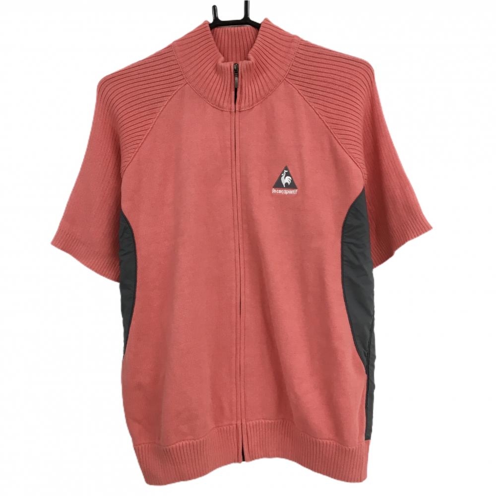 【美品】ルコックゴルフ 半袖切替ニットジャケット サーモンピンク系×グレー 胸ロゴ刺しゅう レディース L ゴルフウェア le coq sportif