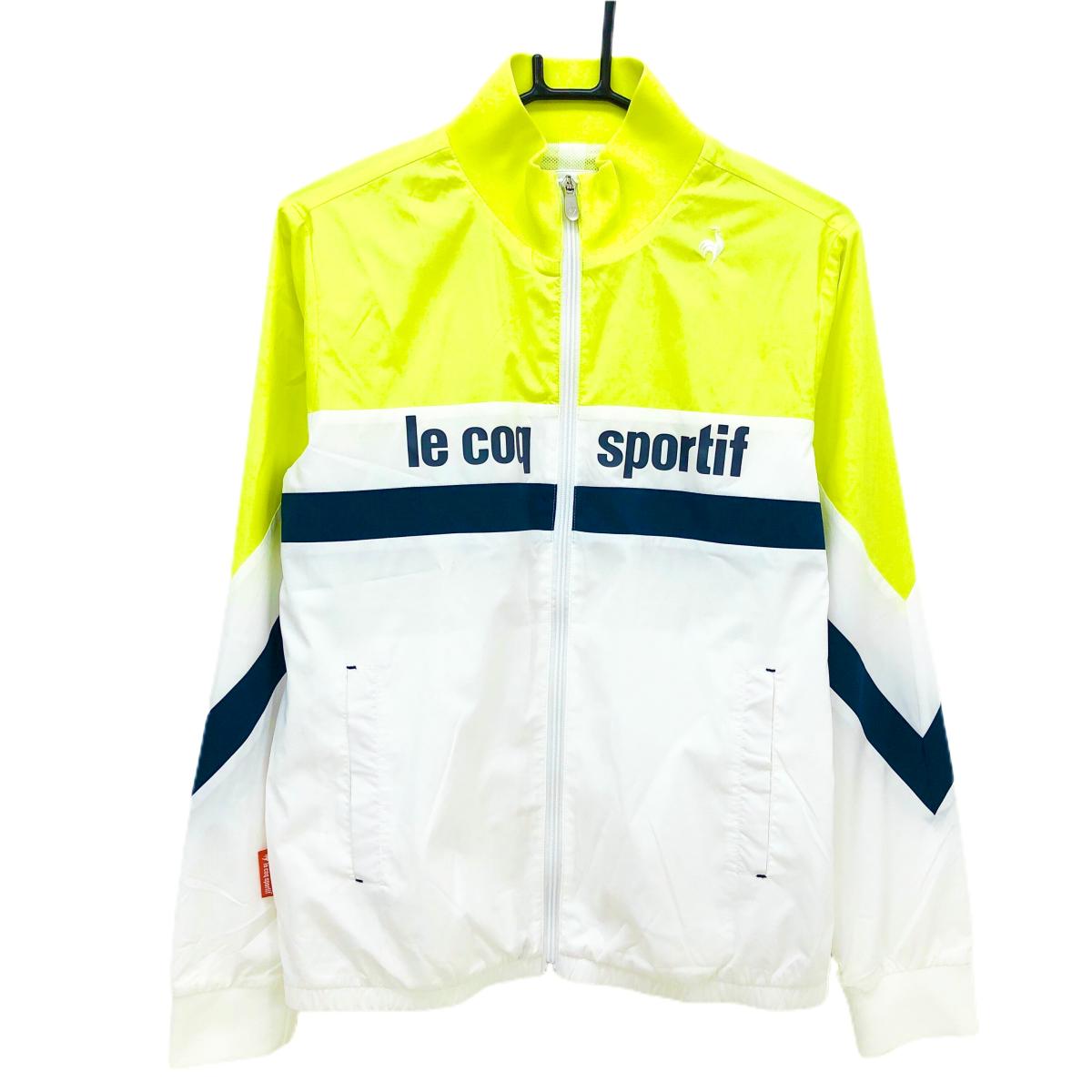 【美品】ルコックゴルフ ジャケットブルゾン 白×イエロー×ネイビー ロゴプリント  レディース LL ゴルフウェア le coq sportif