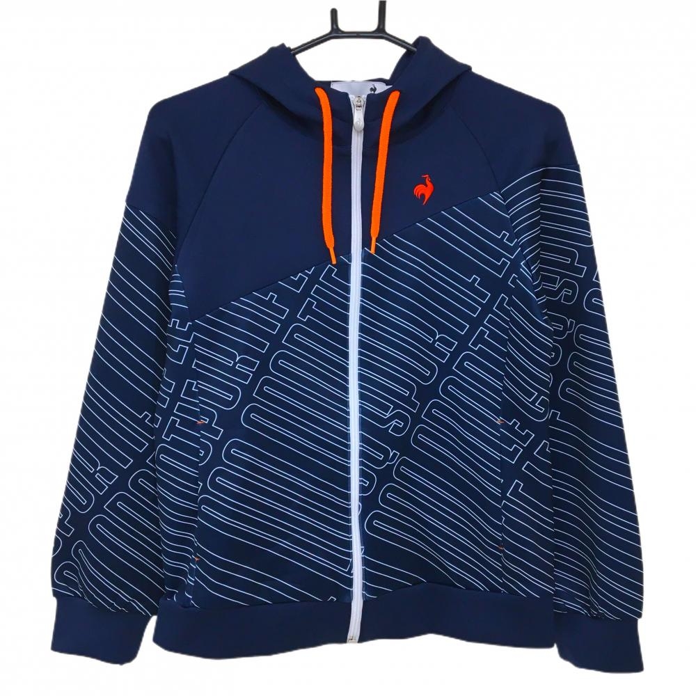 【美品】ルコックゴルフ ジップパーカー ネイビー×白 ロゴ総柄 ストレッチ ダンボールニット レディース M ゴルフウェア le coq sportif