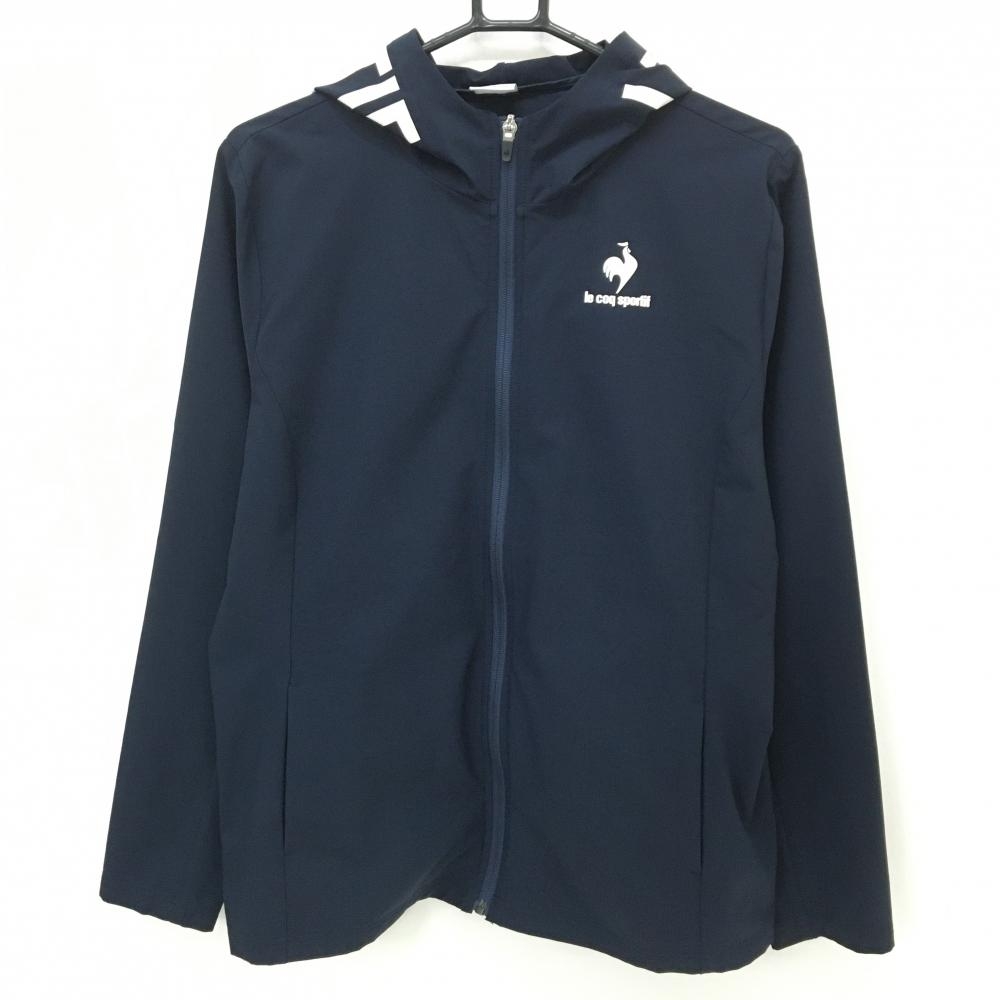 【超美品】ルコック フード付きジャケット ネイビー×白 胸元ロゴ 薄手 レディース  ゴルフウェア le coq sportif