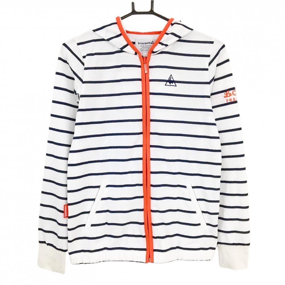 ルコック ジップパーカー 白×ネイビー ボーダー ロゴ刺しゅう 薄手  レディース L ゴルフウェア le coq sportif