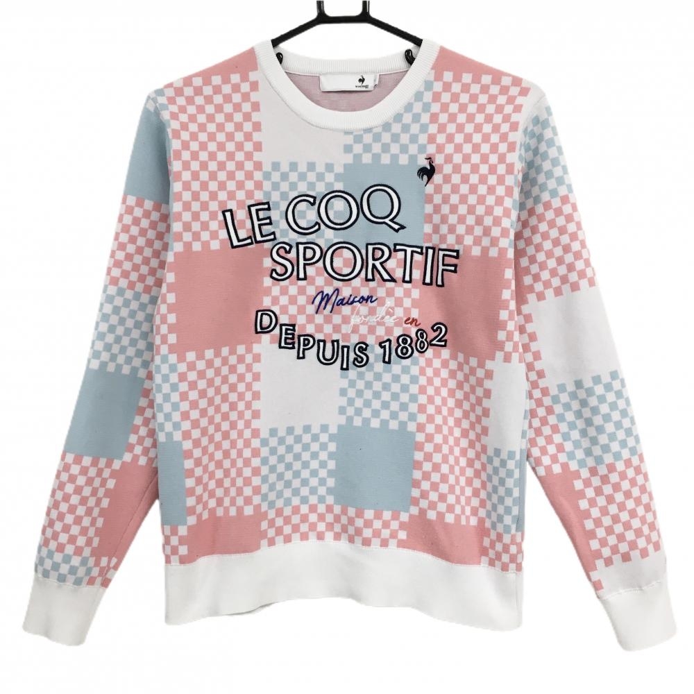 【美品】ルコックゴルフ セーター 白×ライトピンク×ライトブルー 総柄 ブロックチェック調  レディース M ゴルフウェア le coq sportif