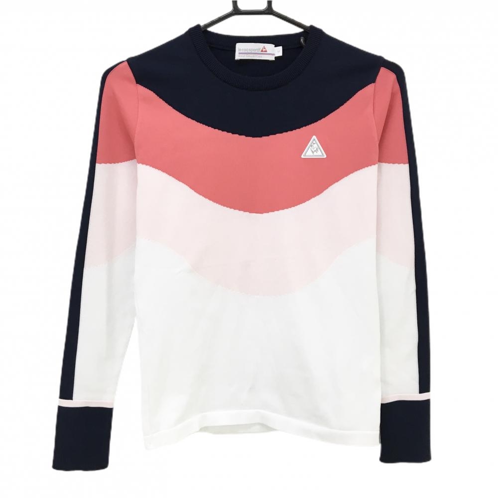 【超美品】ルコックゴルフ セーター 白×ネイビー×ピンク系 胸ロゴ ニット レディース M ゴルフウェア le coq sportif