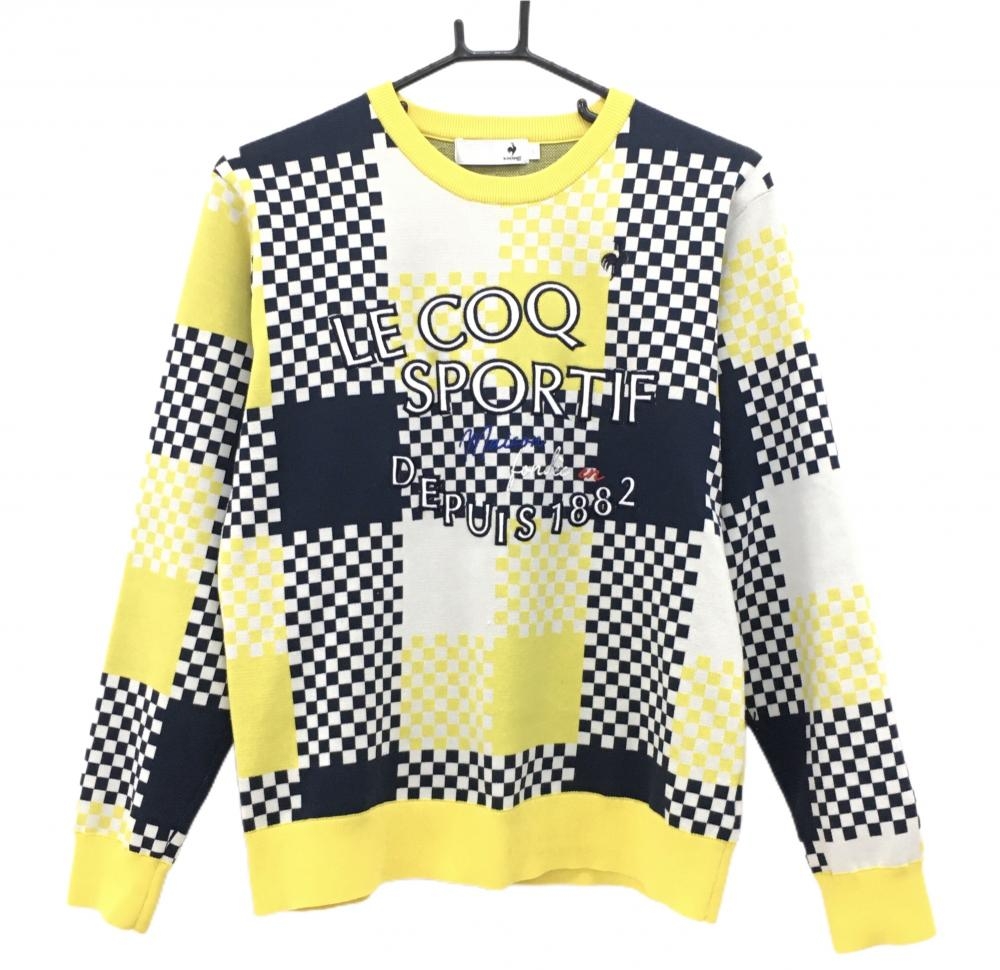 ルコックゴルフ セーター イエロー×ネイビー×白 ブロックチェック ニット  レディース L ゴルフウェア le coq sportif