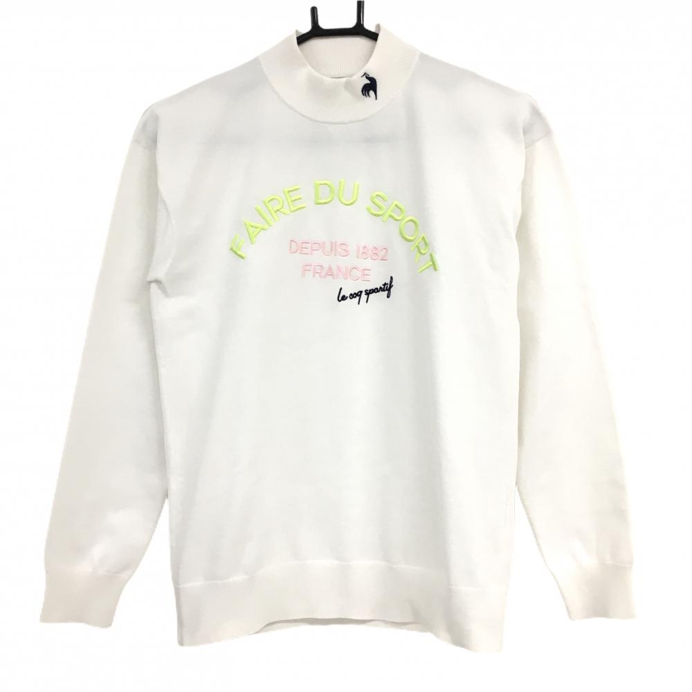 【超美品】ルコックゴルフ ハイネックセーター 白×ライトグリーン ロゴ刺しゅう ニット レディース S ゴルフウェア le coq sportif
