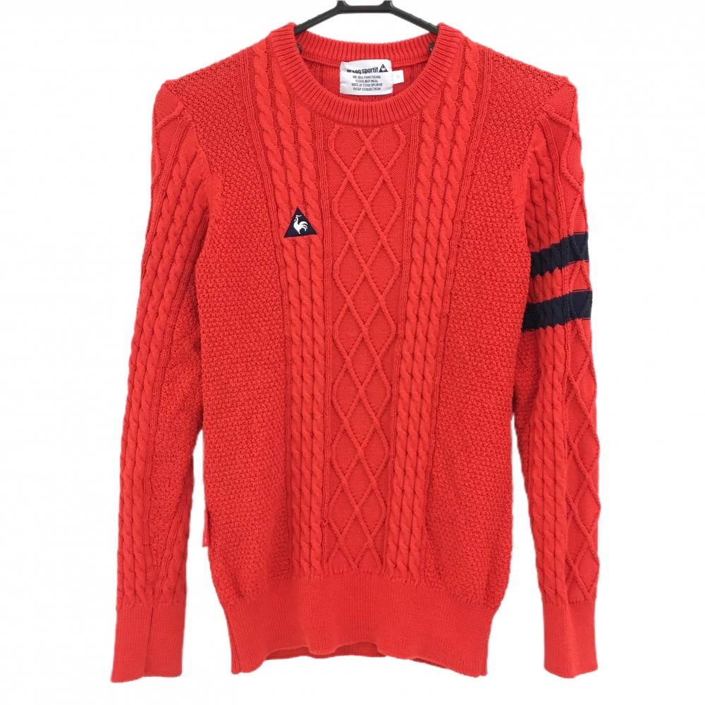 【美品】ルコックゴルフ セーター レッド系 ケーブル編み コットン混 ニット レディース M ゴルフウェア le coq sportif
