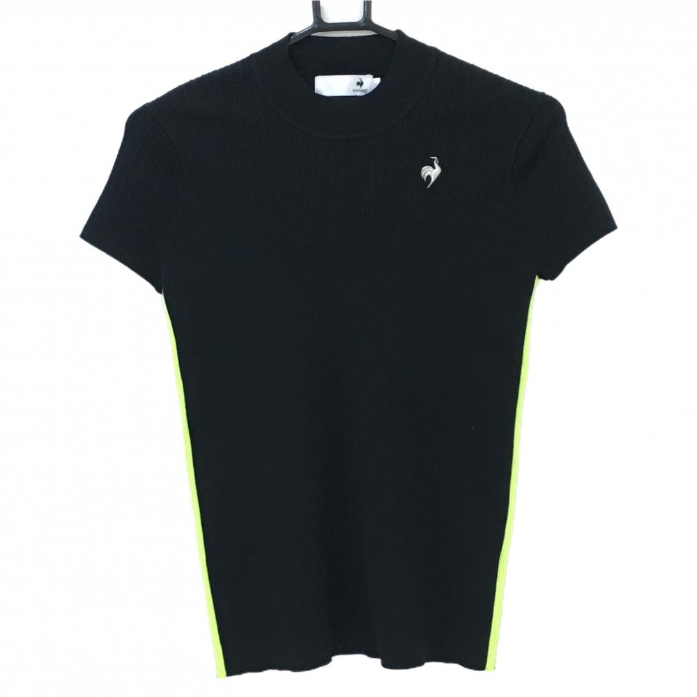 【美品】ルコックゴルフ リブニット半袖シャツ 黒×イエローロゴ刺しゅう リブニット レディース M ゴルフウェア le coq sportif