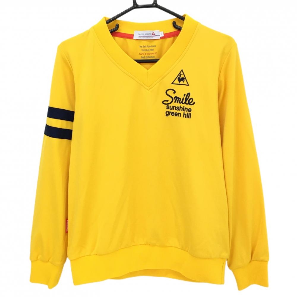 【超美品】ルコックゴルフ トレーナー イエロー×ネイビー ロゴ 袖ライン 薄手 レディース L ゴルフウェア le coq sportif