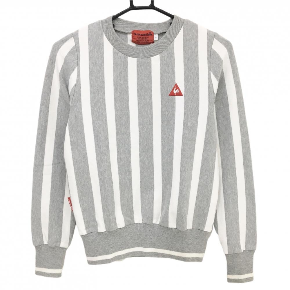 ルコックゴルフ トレーナー グレー×白 ストライプ ロゴレッド 微起毛 レディース M ゴルフウェア le coq sportif