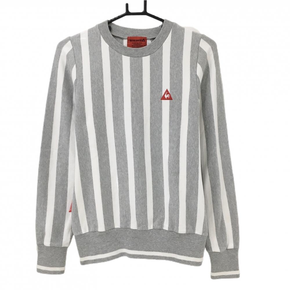 【超美品】ルコックゴルフ トレーナー グレー×白 ストライプ ロゴ刺しゅう　袖口・裾ライン レディース LL ゴルフウェア le coq sportif