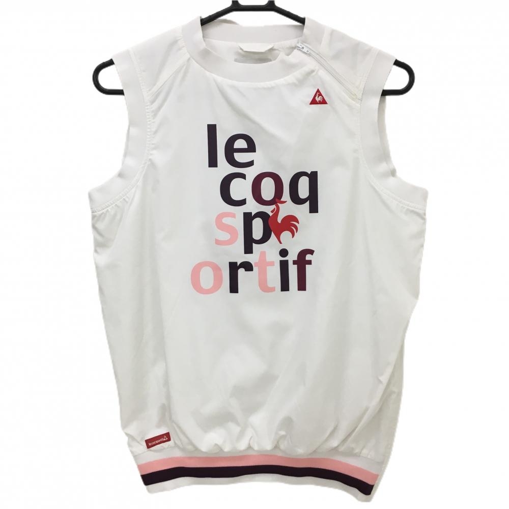 【美品】ルコック アウターベスト 白×パープル ロゴ刺しゅう 肩・サイドジップ レディース M ゴルフウェア le coq sportif
