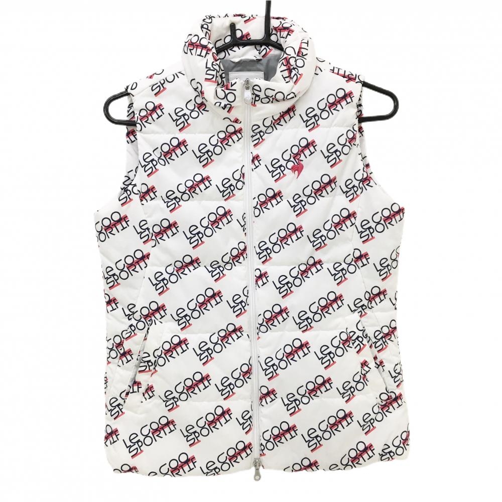 ルコックゴルフ 中綿ベスト 白×ネイビー×ピンク 英字ロゴ総柄 ダブルジップ レディース M ゴルフウェア le coq sportif