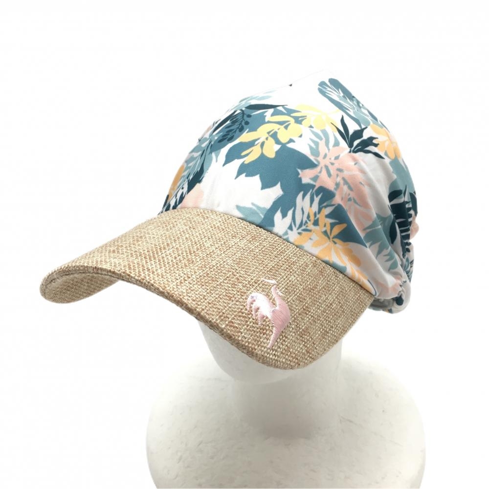 【超美品】ルコック サンバイザー ベージュ×白 リーフ柄 ロゴ刺しゅう  レディース F(55-57cm) ゴルフウェア le coq sportif