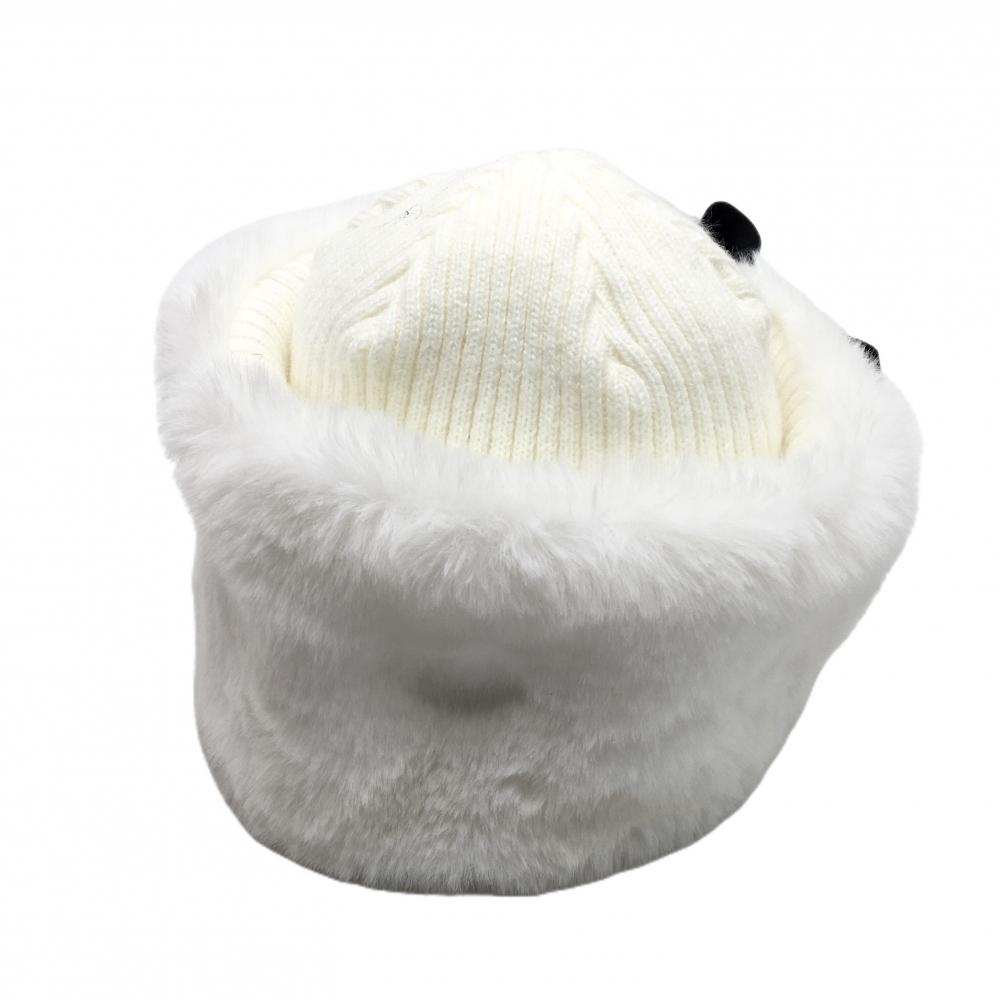 【超美品】ルコックゴルフ ニット帽 白 折り返しファー 後ろリボン レディース F(55-57㎝) ゴルフウェア le coq sportif