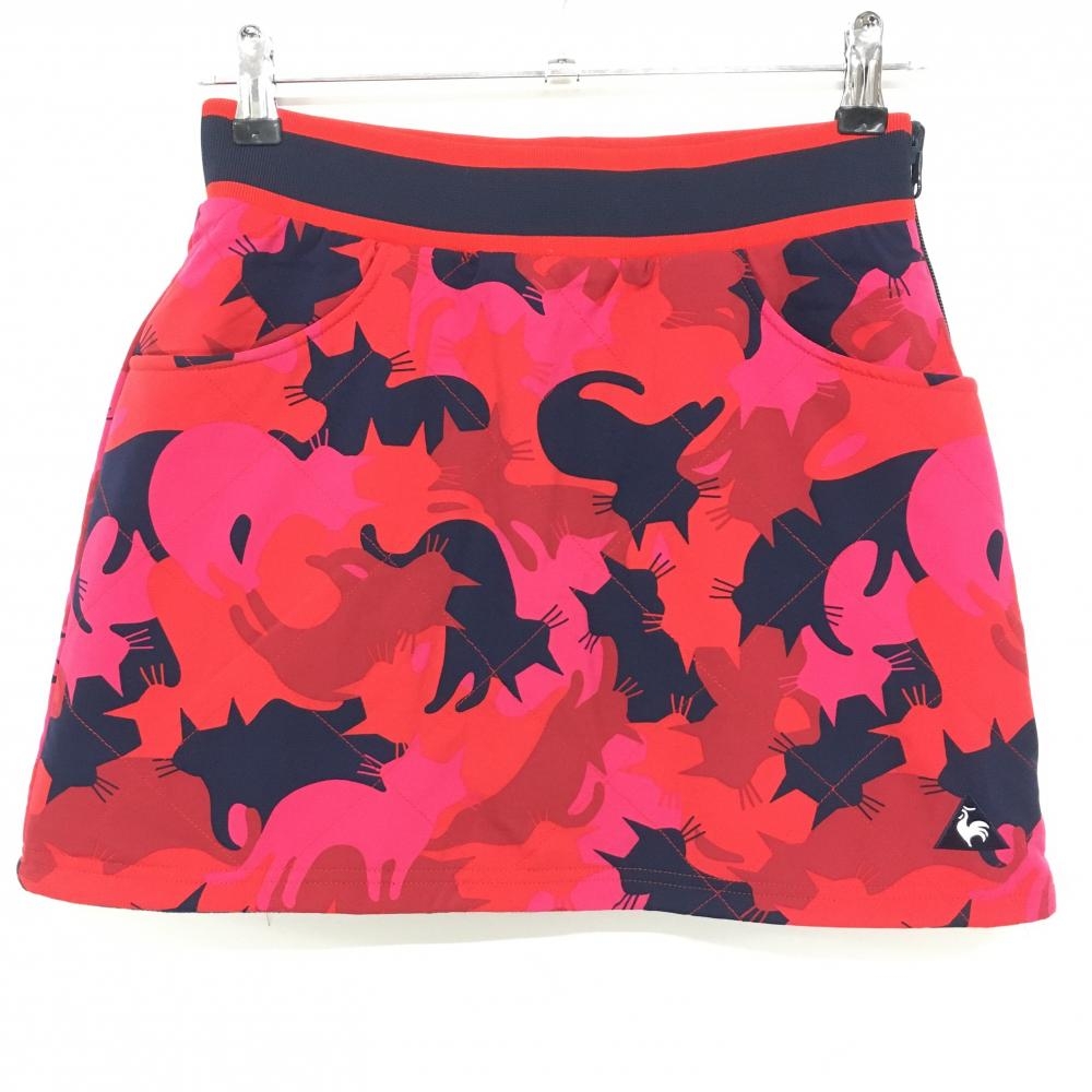 ルコック 中綿リバーシブルスカート ピンク×ネイビー ネコ柄 裏ベロア生地調 ウエストゴム レディース 9 ゴルフウェア le coq sportif