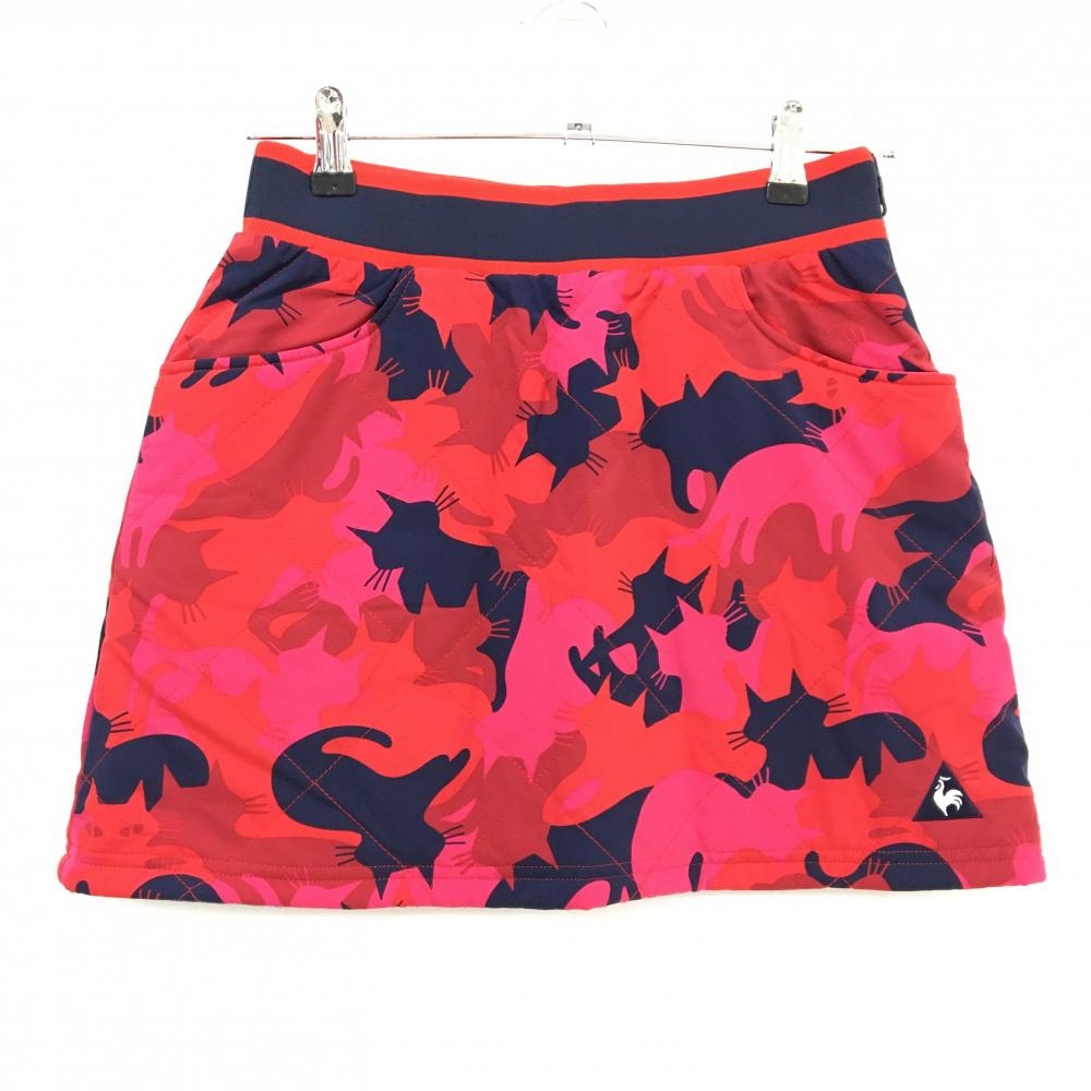 【超美品】ルコックゴルフ 中綿リバーシブルスカート ピンク×レッド 猫柄 裏ネイビー  レディース 9 ゴルフウェア le coq sportif