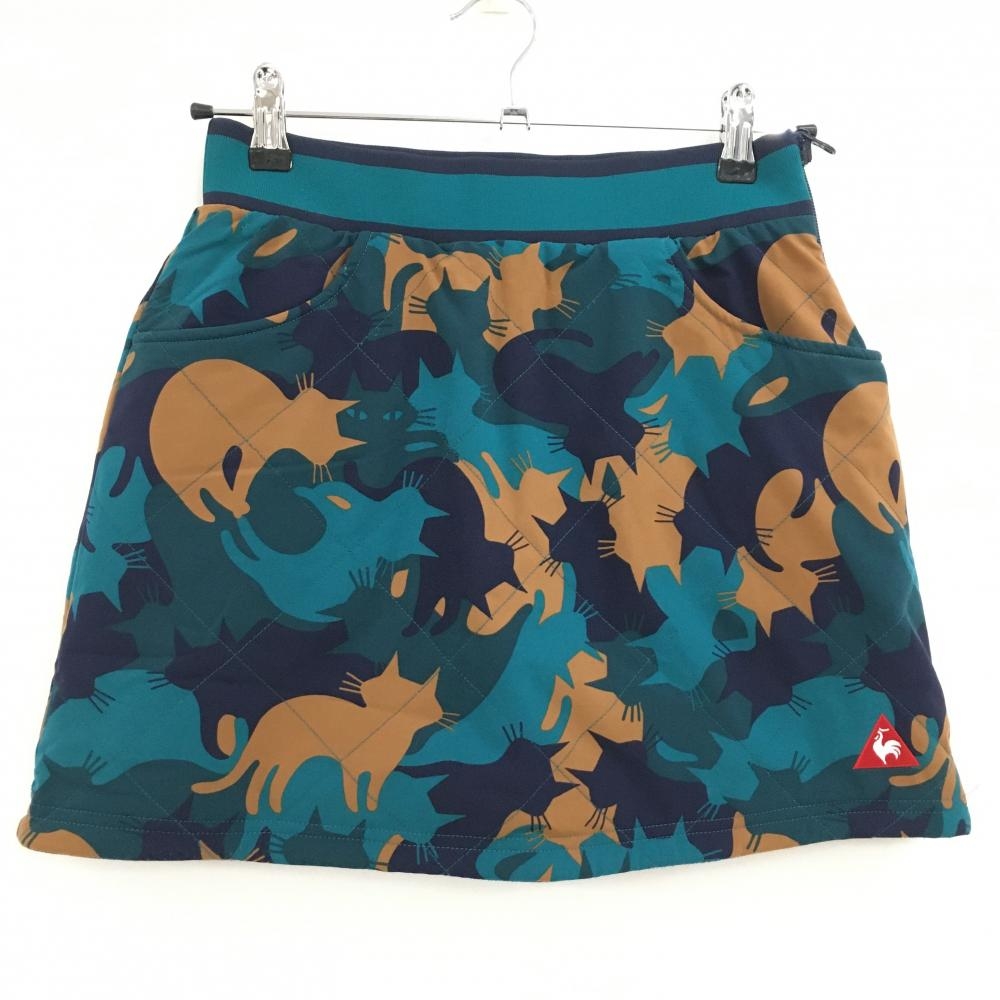 【美品】ルコック 中綿リバーシブルスカート グリーン×ネイビー ネコ総柄 片面起毛素材 レディース 9(M) ゴルフウェア le coq sportif