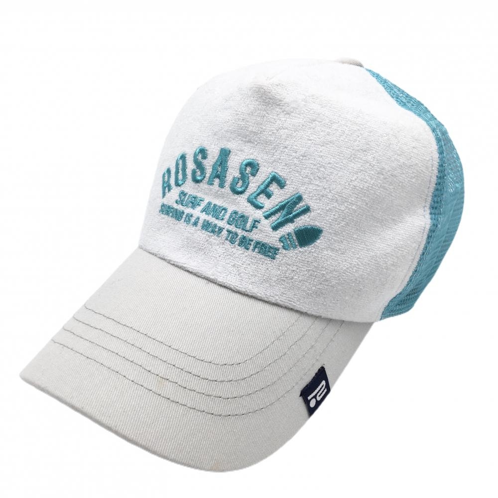 【美品】ロサーセン メッシュキャップ 白×ライトブルー 一部パイル地 レディース 40 ゴルフウェア Rosasen