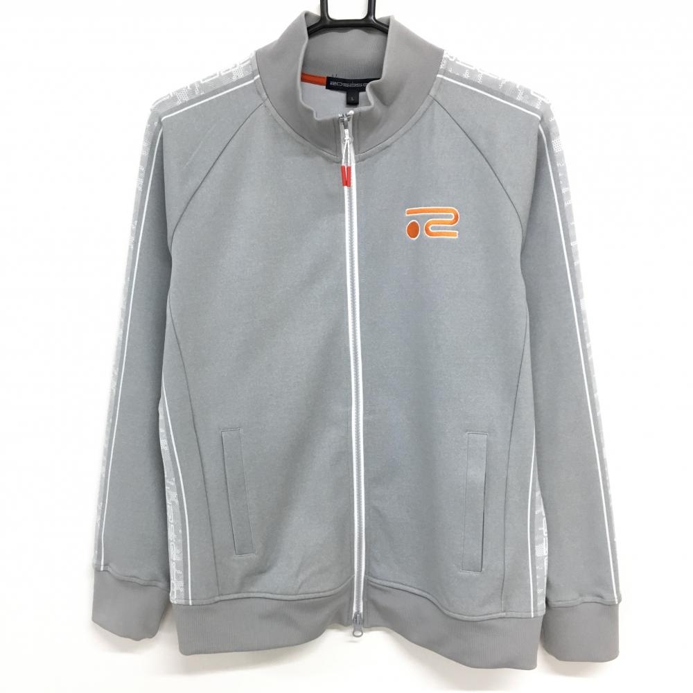 【超美品】ロサーセン ジャケットブルゾン グレー×白 袖・サイドライン ロゴオレンジ ダブルジップ レディース L ゴルフウェア Rosasen