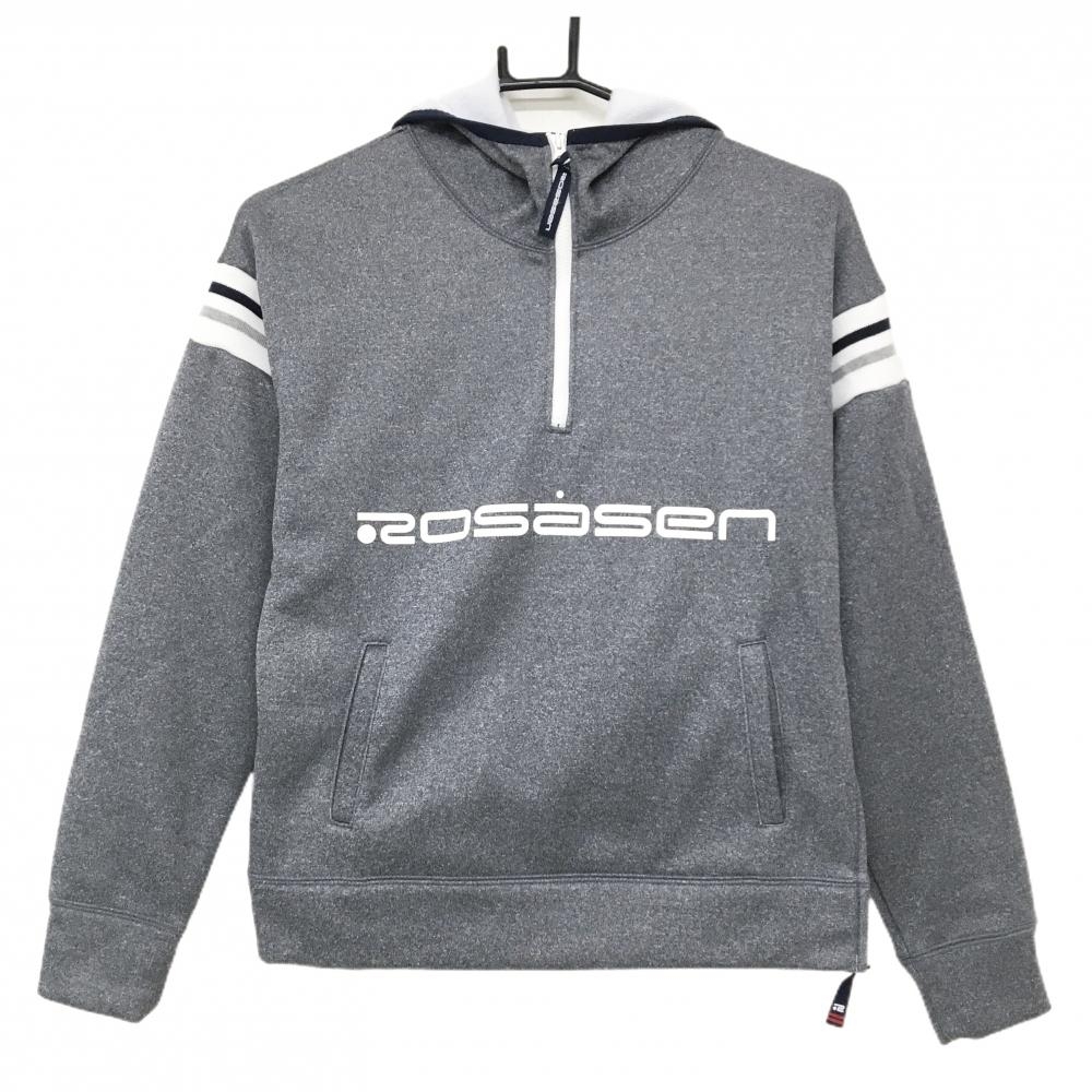 【超美品】ロサーセン パーカー 杢グレー系×白×ネイビー ハーフジップ 裏起毛 胸ロゴ レディース M ゴルフウェア Rosasen