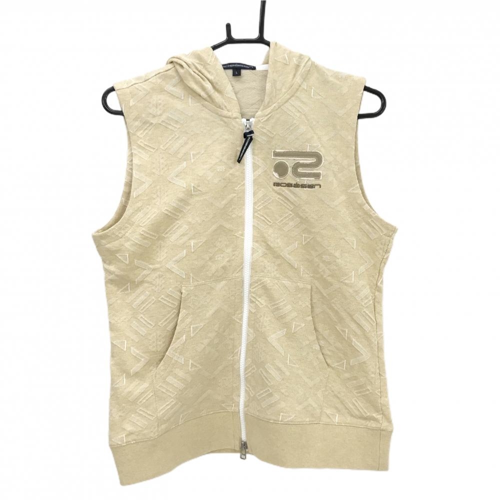【美品】ロサーセン フード付きベスト ベージュ系×ブラウン 総柄 ロゴダメージ加工 レディース L ゴルフウェア Rosasen