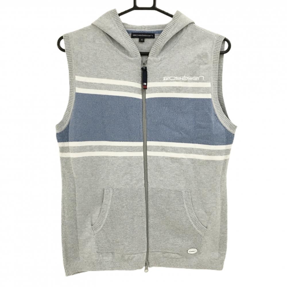 【美品】ロサーセン フード付ニットベスト グレー×ブルー ジップ 胸ライン レディース 42(L) ゴルフウェア Rosasen
