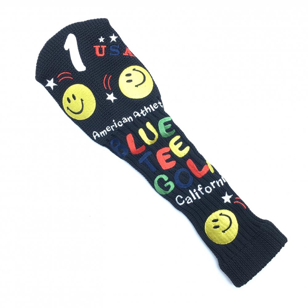 【超美品】ブルーティーゴルフ ニットヘッドカバー(DR) 黒×イエロー スマイル ドライバー用 ゴルフ BLUE TEE GOLF