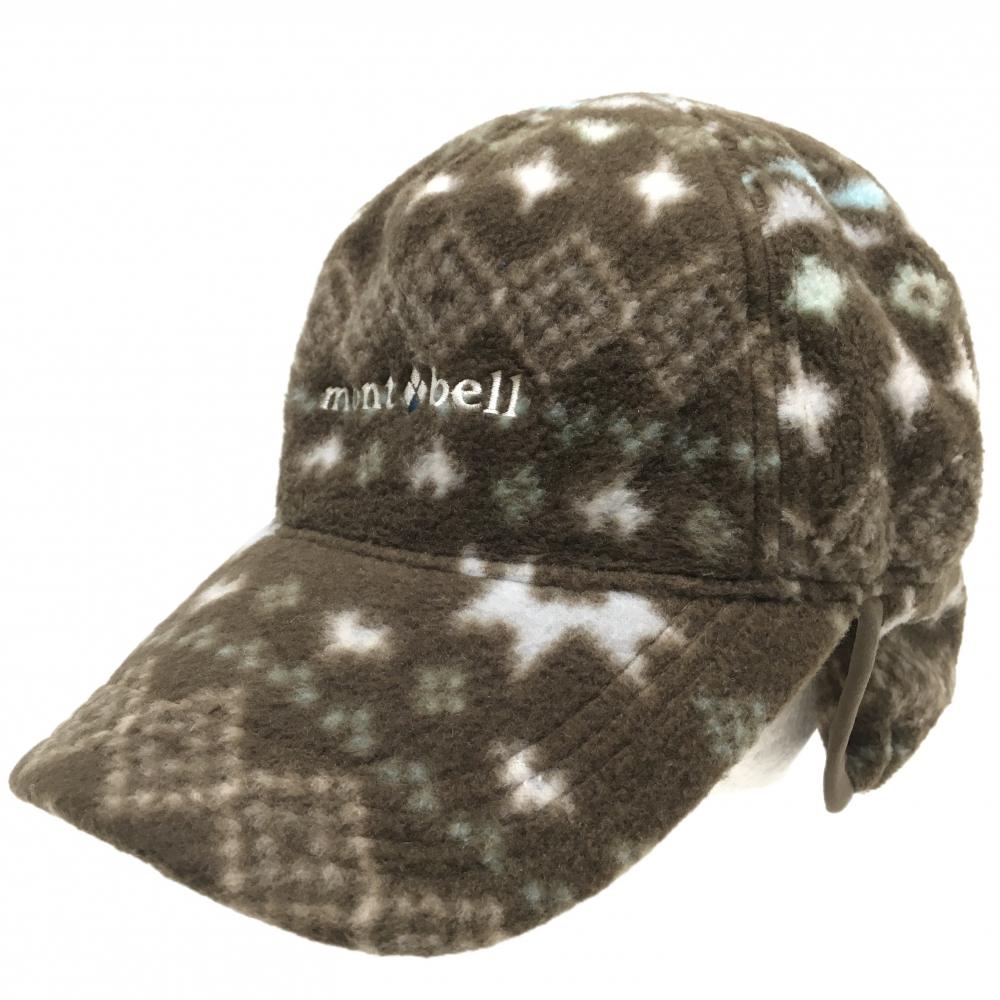 【美品】モンベル 耳当て付フリースワークキャップ ブラウン×白 総柄 M ゴルフウェア montbell