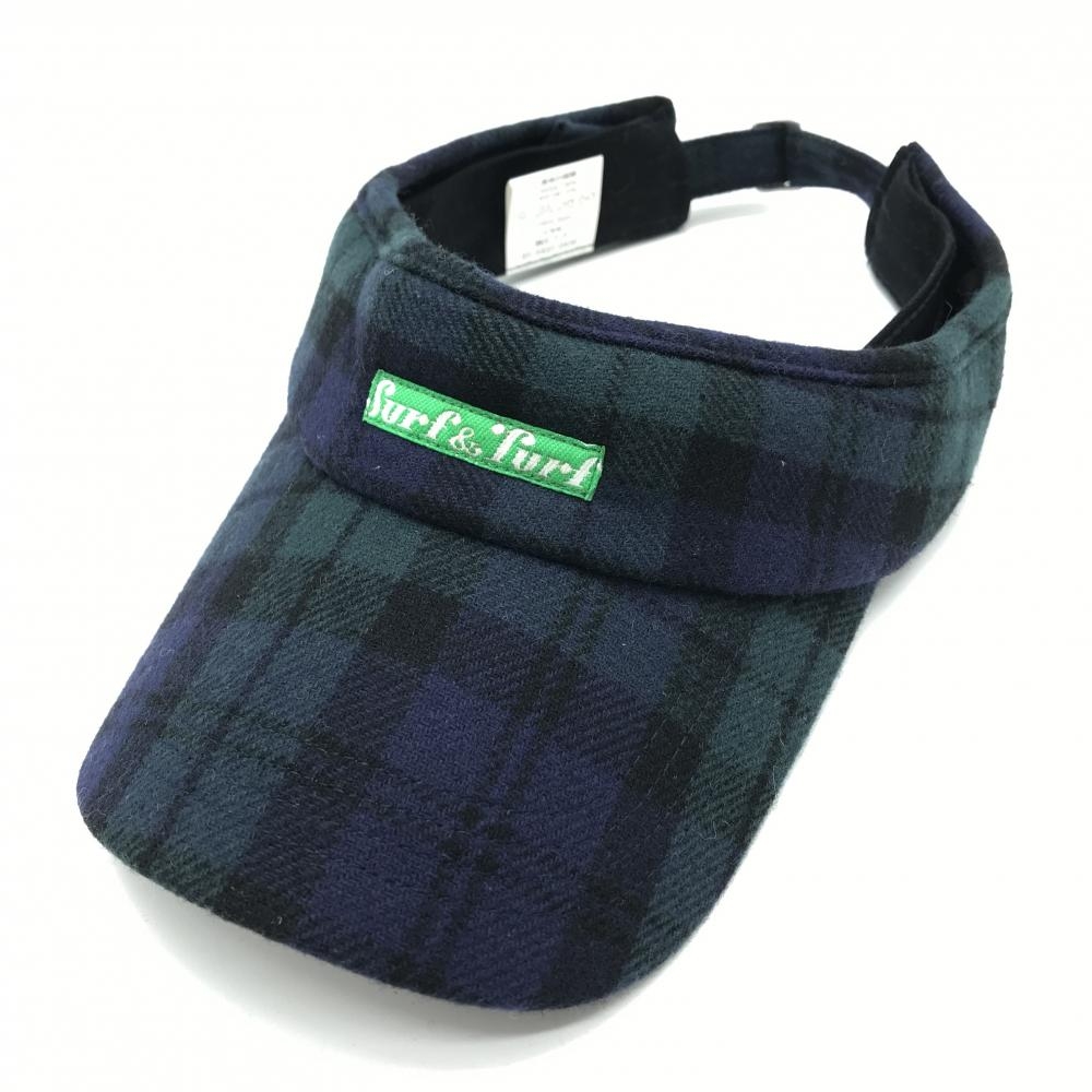 【超美品】サーフアンドターフ サンバイザー ネイビー×グリーン チェック ウール混 FREE SIZE  ゴルフウェア surf&turf
