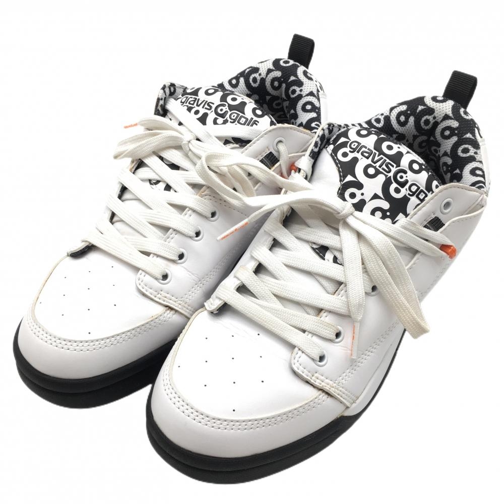 【美品】グラビスゴルフ ゴルフシューズ 白×黒 15910 一部総柄 スパイクレス  メンズ 25.5 ゴルフウェア 2023年モデル gravis