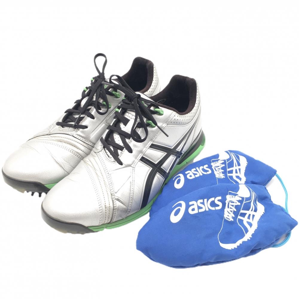 【美品】アシックス ゴルフシューズ シルバー×黒×グリーン TGN908 ゲルエースプロ FG-RF  メンズ 26.5 ゴルフウェア asics