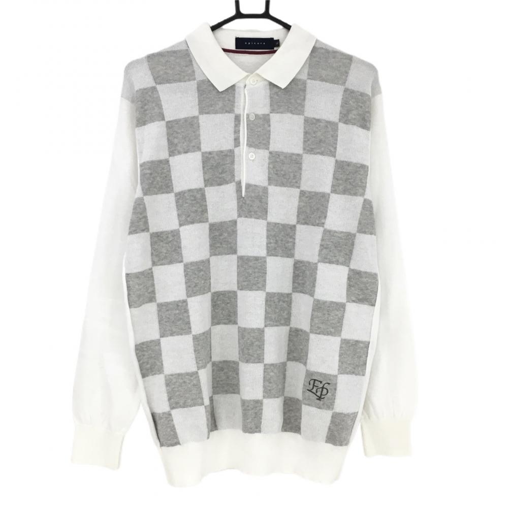 【美品】エピキュール 襟付きセーター 白×グレー 前面ブロックチェック  メンズ XL ゴルフウェア 