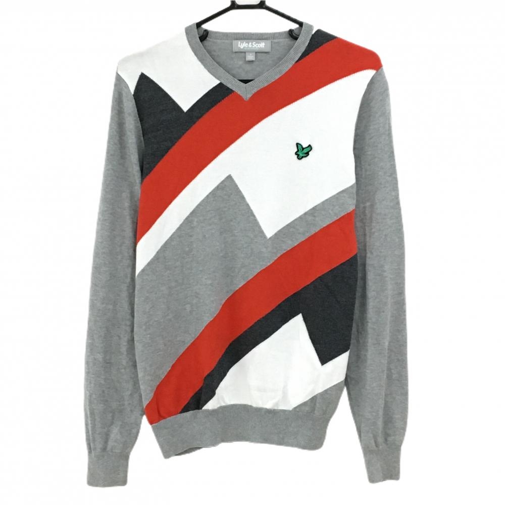 【美品】ライルアンドスコット セーター グレー×レッド コットン100％ ワッペン ニット  メンズ S ゴルフウェア LYLE＆SCOTT