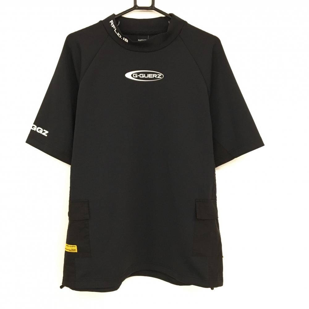 【超美品】ラフロッグ 半袖ハイネックトレーナー 黒 ダンボールニット 異素材 ポケット付 裾ドローコード メンズ L ゴルフウェア RUFFLOG