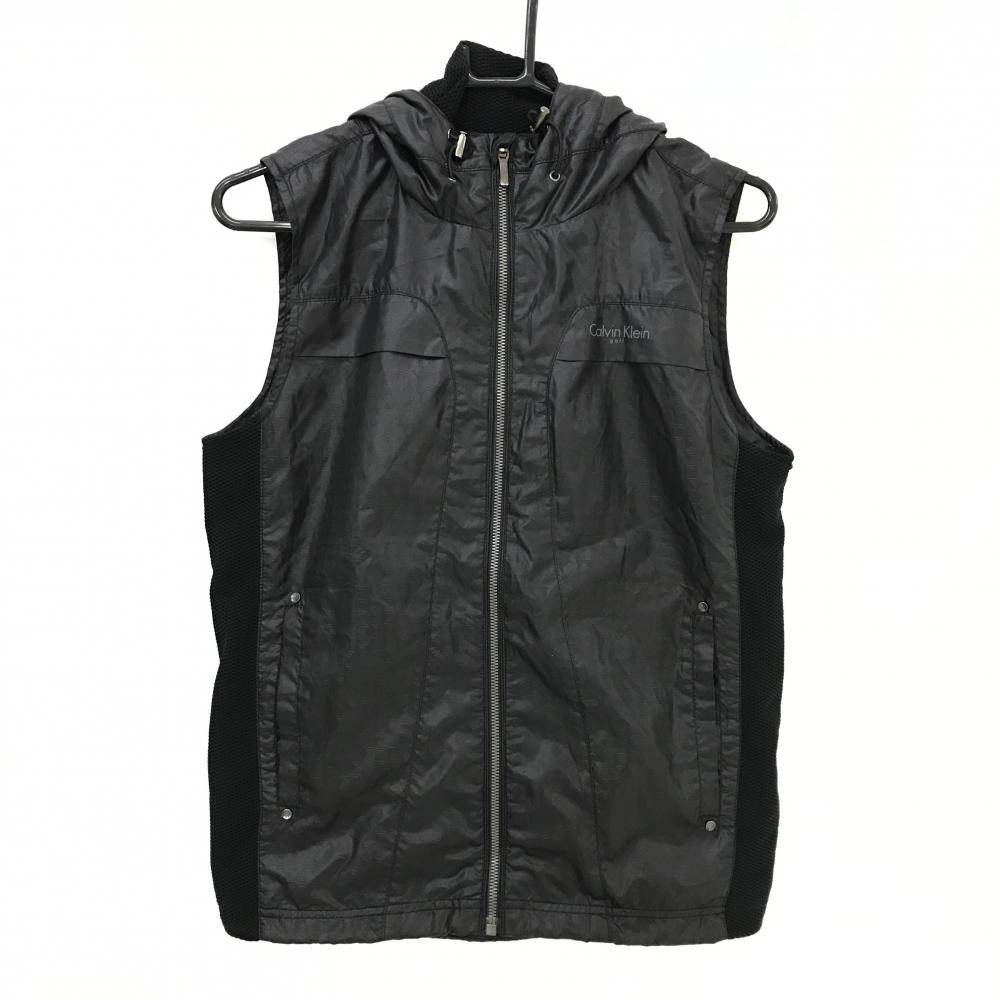 【超美品】カルバンクラインゴルフ フード付きベスト 黒 総柄地模様 裏地メッシュ  メンズ M ゴルフウェア Calvin klein golf