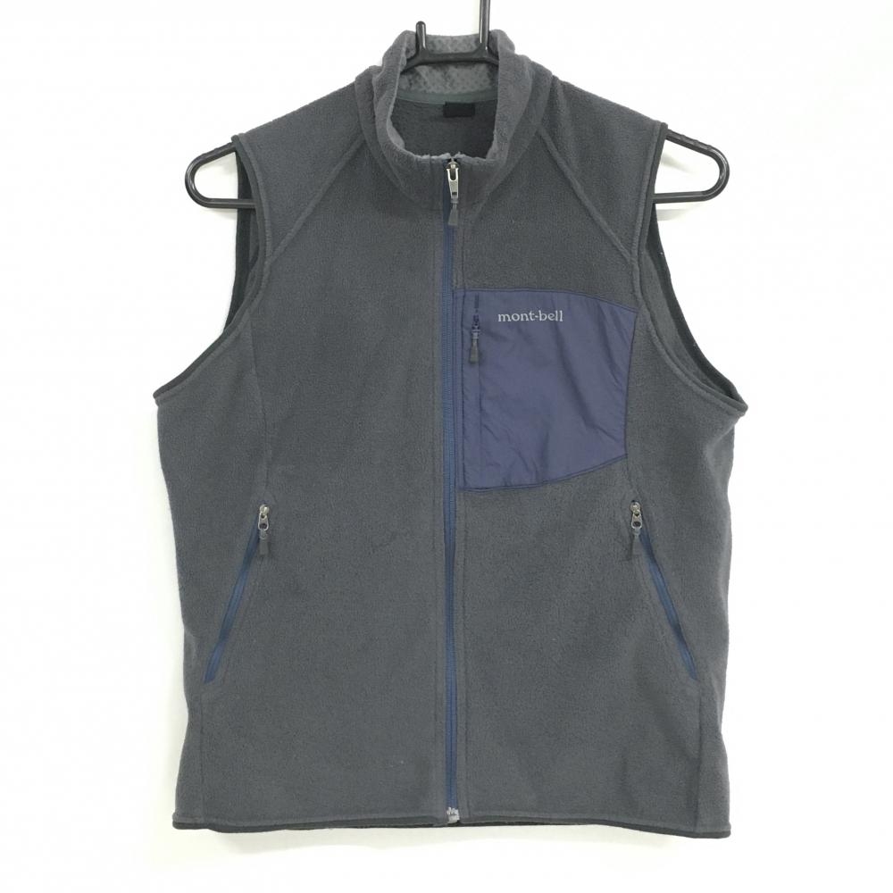 モンベル フリースベスト グレー×ネイビー 胸ポケット 起毛 メンズ L ゴルフウェア mont-bell