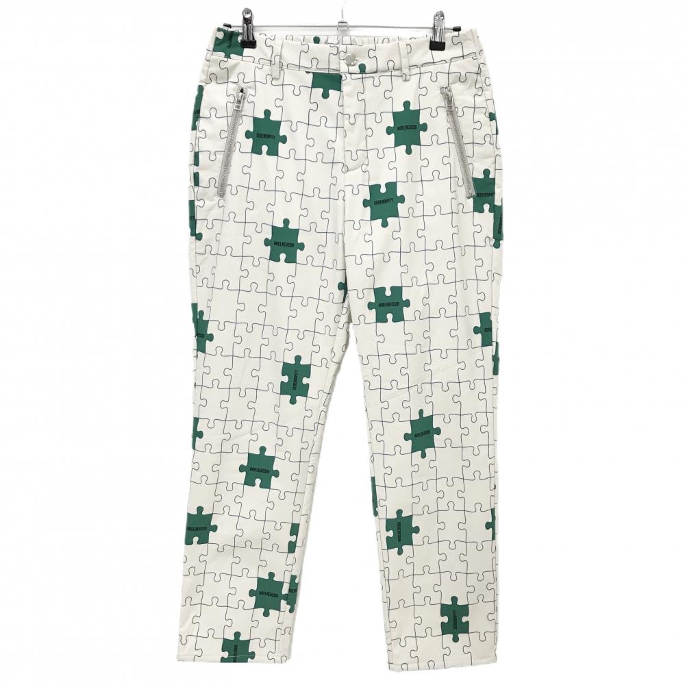 【美品】ノエルレウシール パンツ アイボリー×グリーン パズル総柄 裏起毛 後ろウエストゴム メンズ  ゴルフウェア NOEL REUSSIR