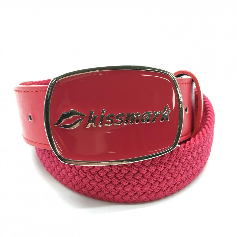 【美品】キスマーク トップ式メッシュベルト レッド 編み込み ロゴバックル レディース  ゴルフウェア kissmark
