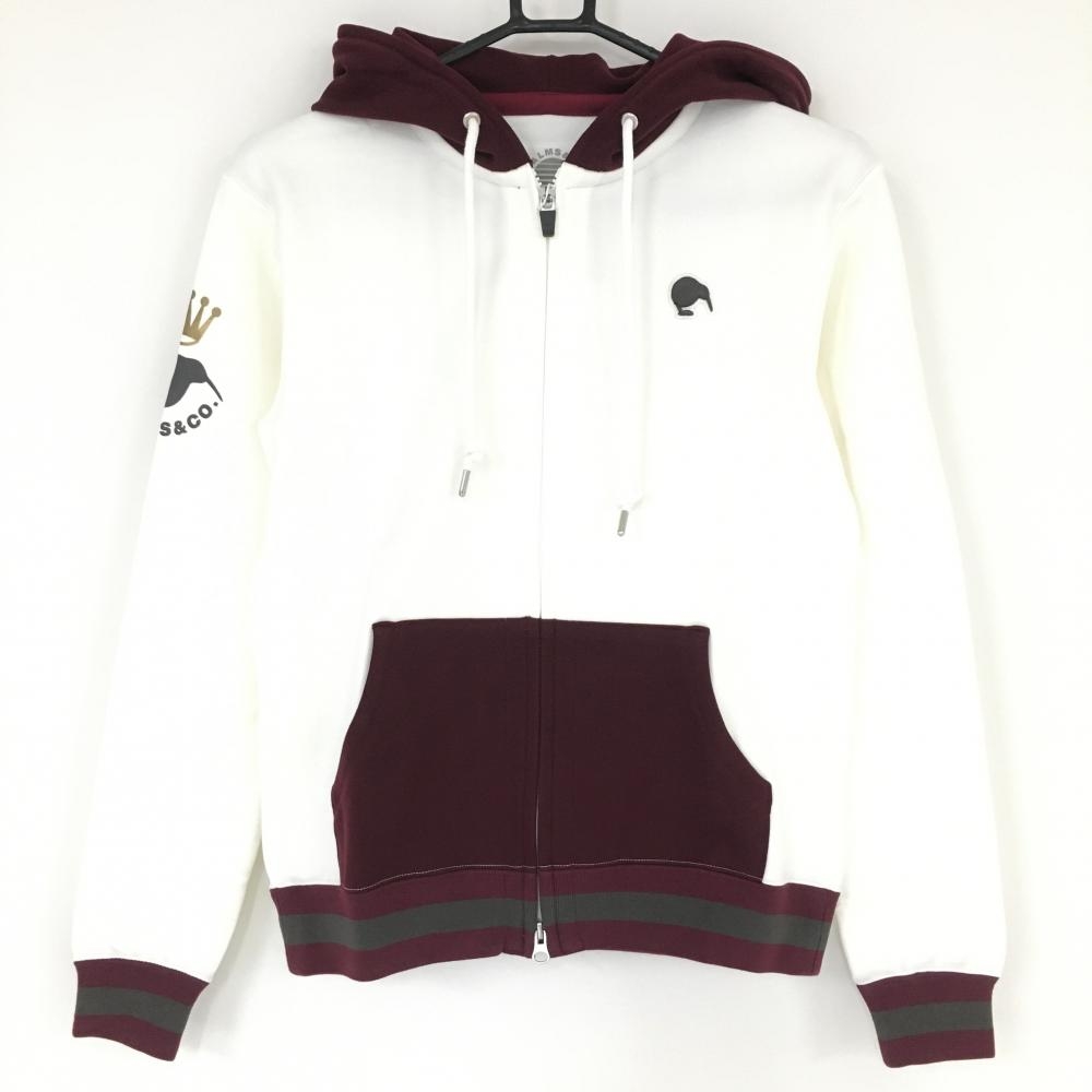 【新品】パームスアンドコー ジップパーカー 白×ボルドー ストレッチ ジャケット 袖ロゴ レディース M ゴルフウェア  PALMS＆CO.