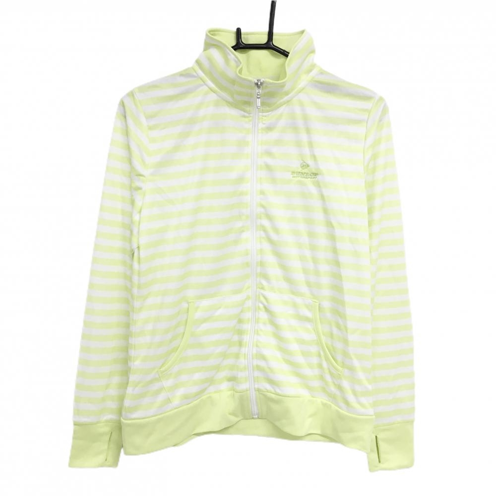 【美品】ダンロップ ジャケット イエローグリーン×白 ボーダー サムホール レディース M ゴルフウェア DUNLOP