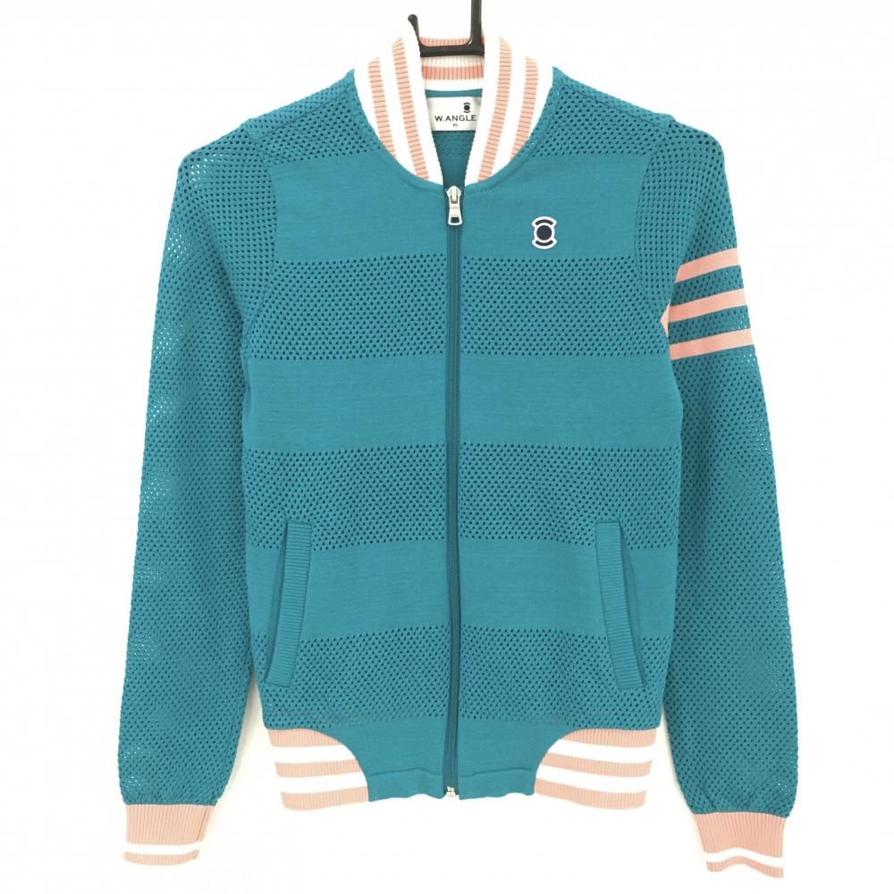 【超美品】ワイドアングル ニットジャケット ターコイズグリーン×ピンク メッシュボーダー  レディース 85 ゴルフウェア Ｗ.ANGLE