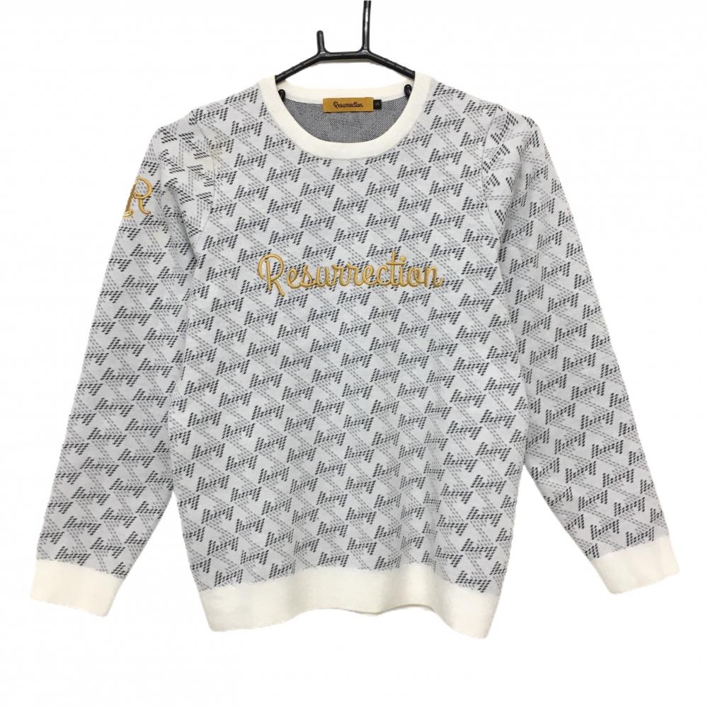【美品】レザレクション セーター 白×グレー×ダークグレー 総柄 フロントロゴ  レディース S ゴルフウェア 2023年モデル Resurrection