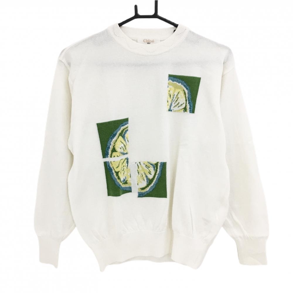 【美品】クロエゴルフ セーター 白×グリーン×イエロー フロントロゴ 綿100％  レディース L ゴルフウェア Chloe GOLF